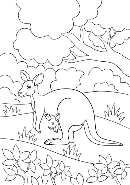 Coloring Pages Mother Kangaroo Her Little Cute Baby — Stock Vector