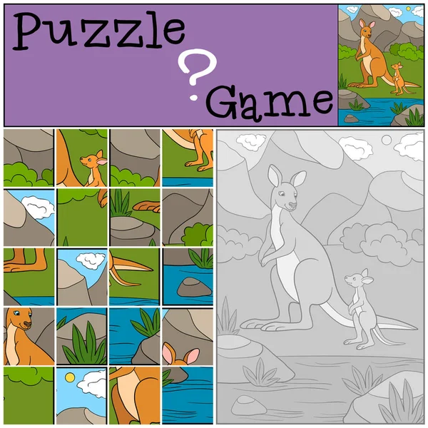 Jeu Éducatif Puzzle Mère Kangourou Avec Son Mignon Bébé — Image vectorielle
