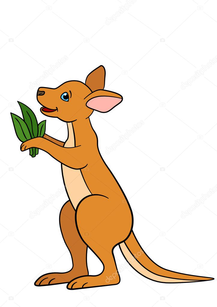 Cartoon animals. Little cute baby kangaroo stands and smiles.