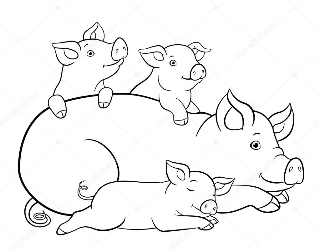 Coloring pages. Mother pig lays with her three little cute pigle