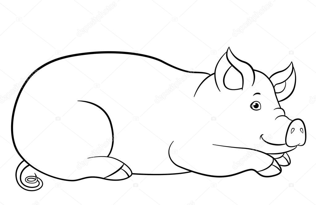 Coloring pages. Cute pig lays and smiles.