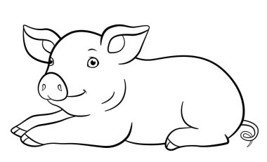 Boyama sayfaları. Küçük sevimli Piglet bırakır ve gülümsüyor.