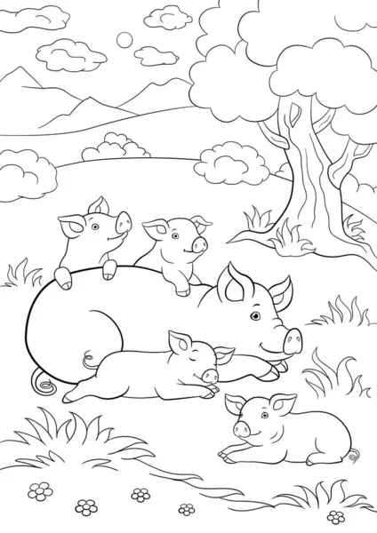 着色页 黑白相间 妈妈猪躺在她的小可爱的小猪 — 图库矢量图片