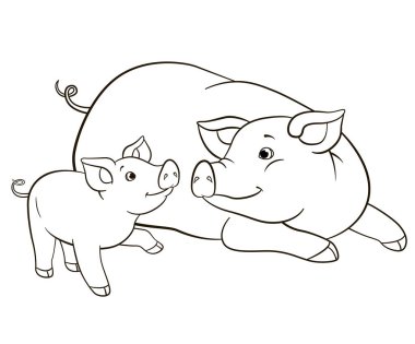 Boyama sayfaları. Anne domuz onu küçük sevimli Piglet bakıyor.