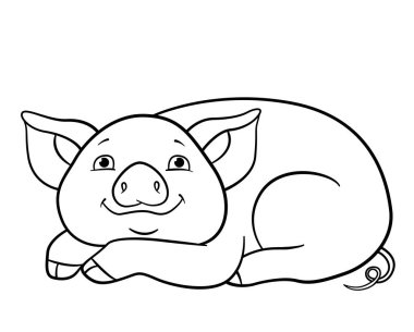 Boyama sayfaları. Küçük sevimli domuz bırakır ve gülümsüyor.