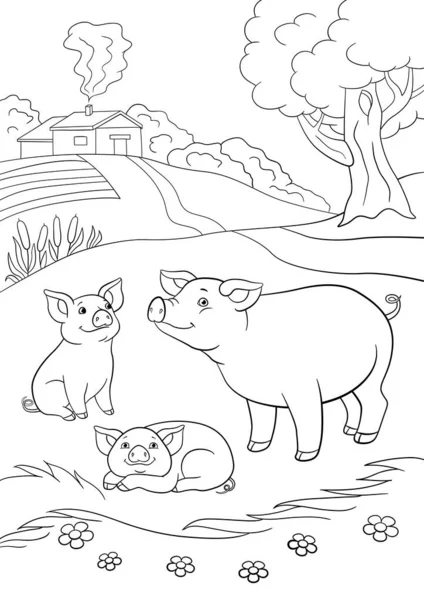着色页 黑白相间 妈妈猪与两个小可爱的小猪 — 图库矢量图片