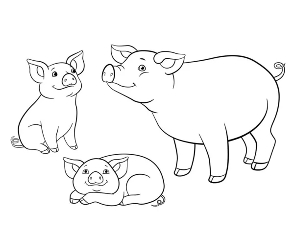 着色页。妈妈猪与她的两个小可爱的小猪. — 图库矢量图片
