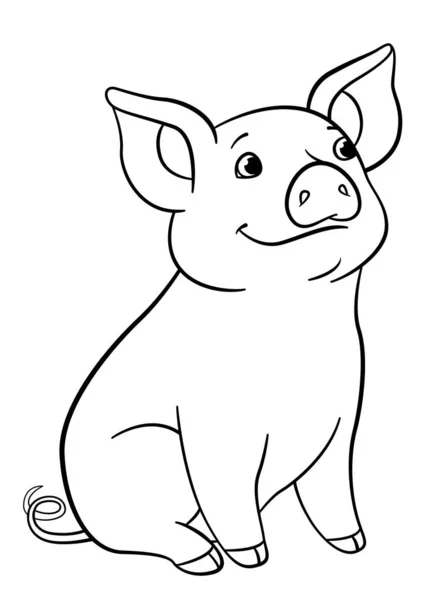 Coloring pages. Little cute piglet sits and smiles. — Stock Vector