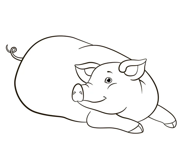 Coloring page. Cute pig lays and smiles. — Stock Vector