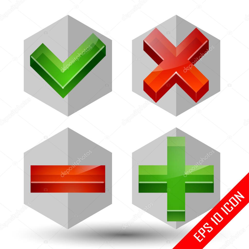 Check mark icons. Plus minus icons. Yes No pictures. True and false logo. Vector illustration.
