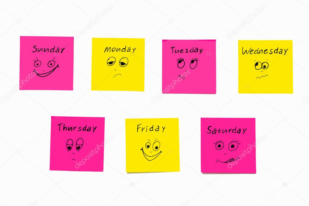 Notes stickers to remind the days of the week. Funny notes with 