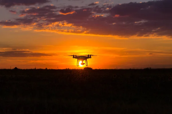 Fliegende Drohne Auf Dem Hintergrund Eines Schönen Sonnenuntergangs Schöne Himmelsdrohne — Stockfoto