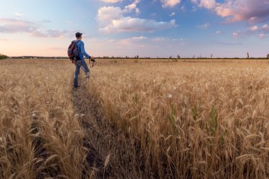bir hikaye için arama çalışma / peyzaj adam sahada akşam ise fotoğrafçı