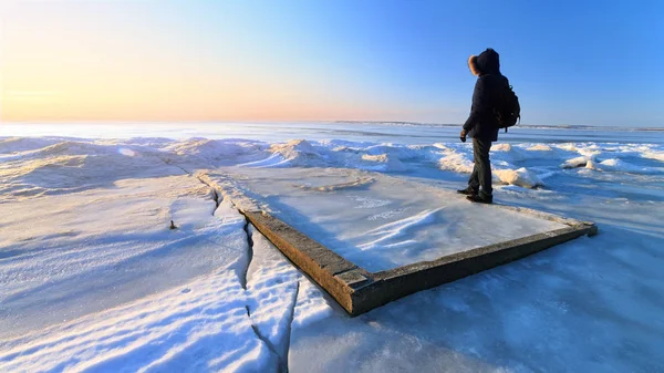 the ice desert frozen lake / the man looks towards the dawn