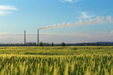 yeşil çiçek açan alan arka plan üzerinde hidroelektrik santrali / doğa tarım ilerleme arka plan üzerinde
