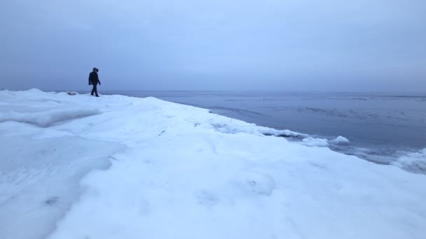 Mann Läuft Auf Eis Spaziergang Auf Zugefrorenem See — Stockvideo