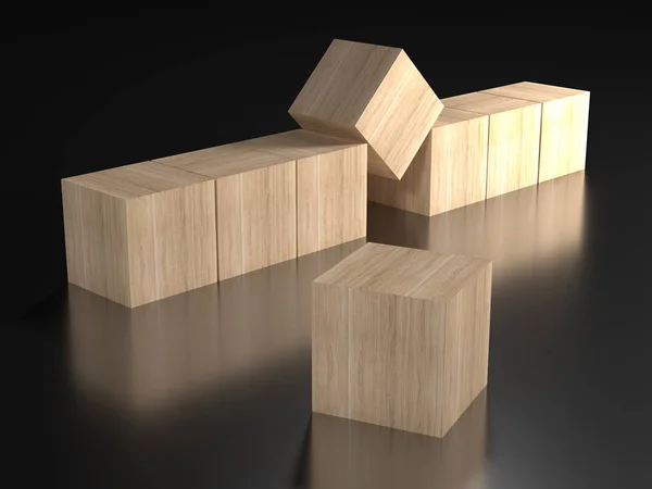 Дерев'яний куб розкиданий на дзеркальній поверхні. 3D візуалізація — стокове фото