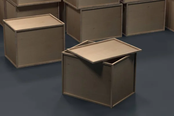 Wooden boxes for packaging on the floor. 3d rendering