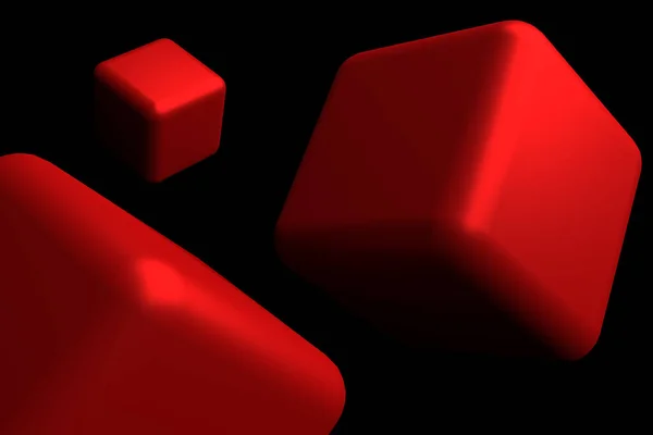 Trois Cubes Rouges Envolent Dans Espace Noir Avec Seul Éclairage — Photo