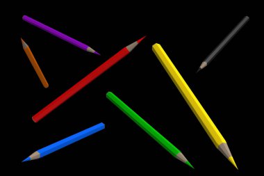 Siyah arka planda çok renkli kalemler. Renkli kalemlerin 3 boyutlu yorumlanması. Siyah arka planda kaotik bir şekilde renkli kalemler