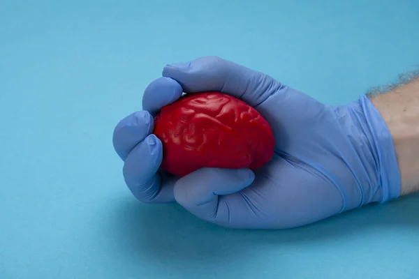 Una mano de guante de látex aprieta un cerebro rojo. Tratamiento cerebral — Foto de Stock