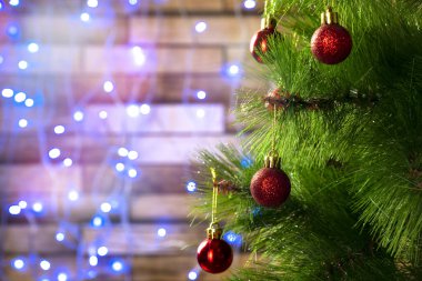 Kırmızı topları olan bir Noel ağacı dalı.