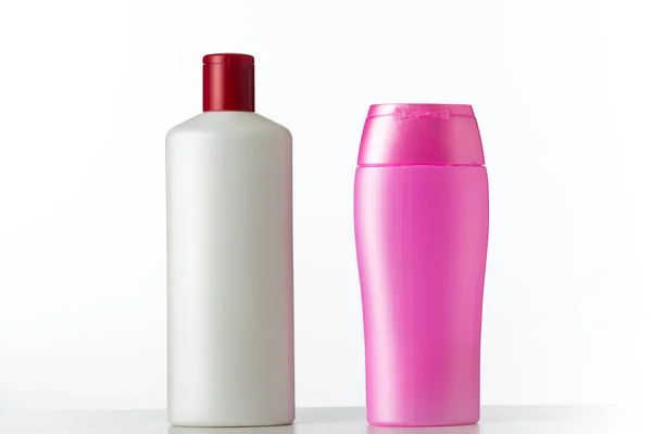 Two Nameless Plastic Bottles White Pink Cosmetic Product White Background — Stock Photo, Image