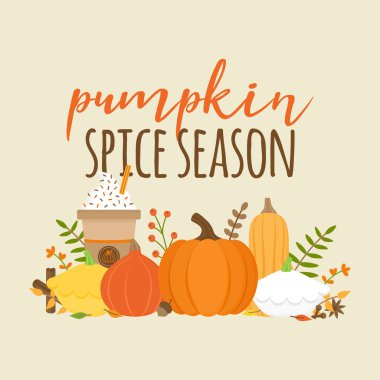 Pumpkin spice season vector graphic illustration with writing. Editable card for print or web. Set of different types of pumpkin, squash, spice and plant. Pumpkin latte, coffee in cup. clipart