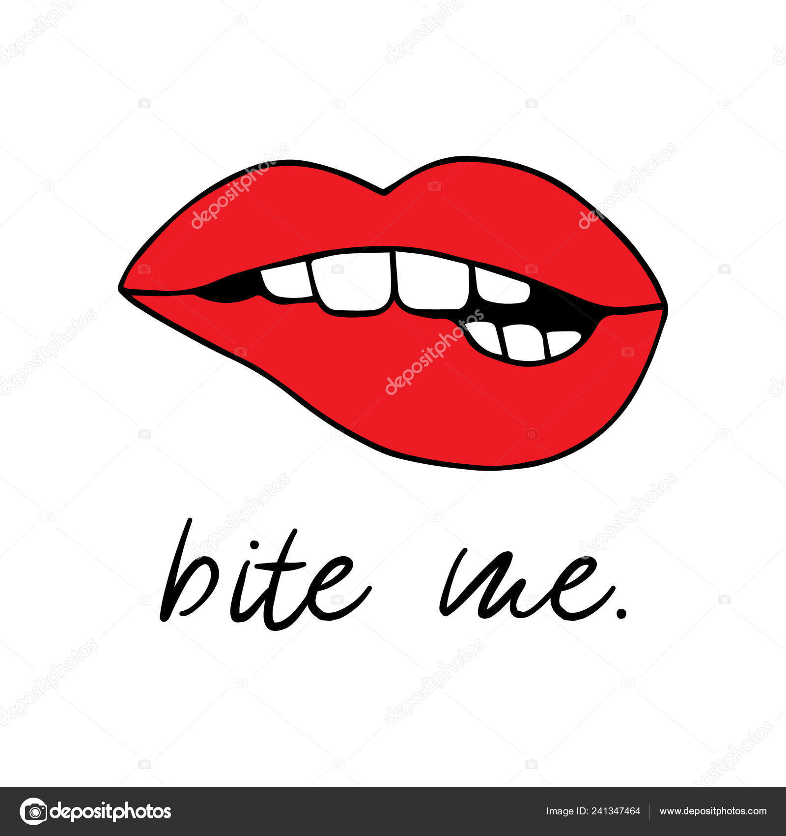 Download - Red biting lips vector illustration drawing, print with writing bite...