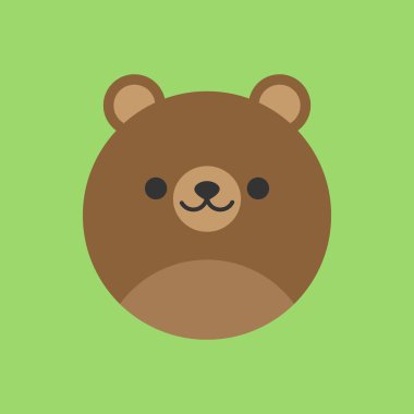 Sevimli ayı yuvarlak vektör grafik simgesi. Kahverengi Grizzly ayı hayvan kafası, yüz illüstrasyon. Yeşil arka planda yalıtılmış.