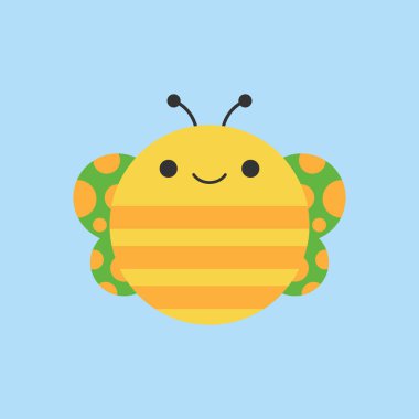 Sevimli kelebek yuvarlak vektör grafik simgesi. Renkli kelebek, böcek hayvan kafası, yüz illüstrasyon. Mavi arka planda yalıtılmış.