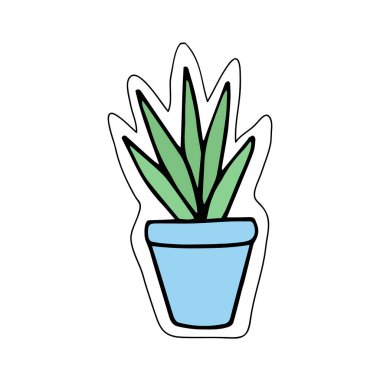 Mavi bitki pot sevimli küçük kaktüs. Vektör illüstrasyon Doodle karikatür çizim. Yalıtılmış etiket simgesi.