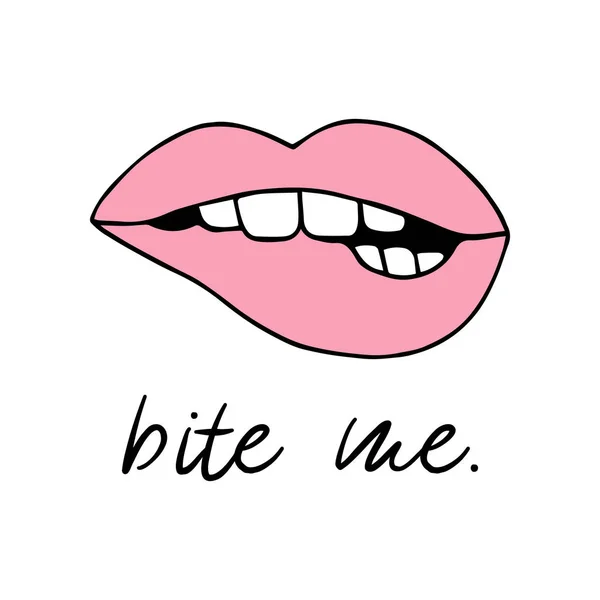 Pink biting lips vector illustration drawing, print with writing bite me. 