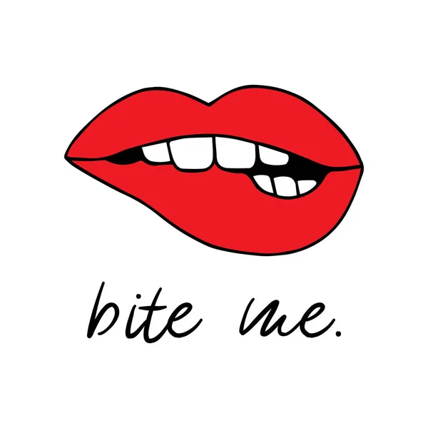 赤い噛み唇ベクトルイラスト描画 書き込みで印刷私をかむ 漫画魅惑的 セクシーな唇のプリント 白い背景に孤立したアイコン — ストックベクタ