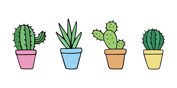 Cute Cactussen Set Cactus Kleine Plant Potten Vector Illustratie Doodle — Stockvector