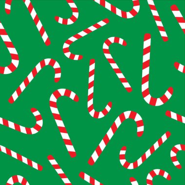 Noel şeker kamışı vektör dikişsiz desen. Tatlı kırmızı ve beyaz şeker kamışı ile Şenlikli yeşil arka plan.