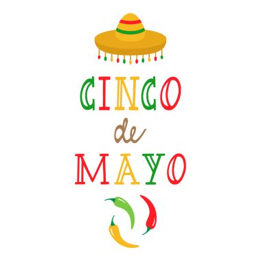 Cinco de Mayo, Meksika temalı vektör grafik afiş, tebrik kartı. 5 Mayıs 'ta Meksika tatili. Kırmızı, yeşil ve sarı el biber ve sombrero şapka ile yazma, izole.