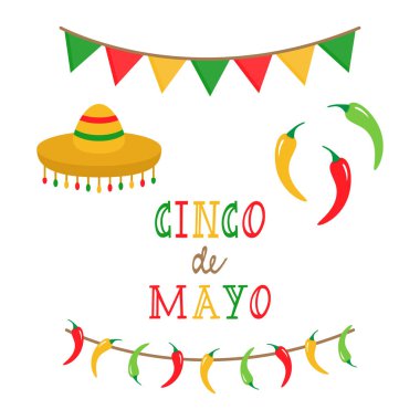 Cinco de Mayo, Meksika vektör Illustration seti. Festival renkli Bunting ve biber ile çelenk, Cinco de Mayo el yazma, sombrero şapka ve biber biberli.