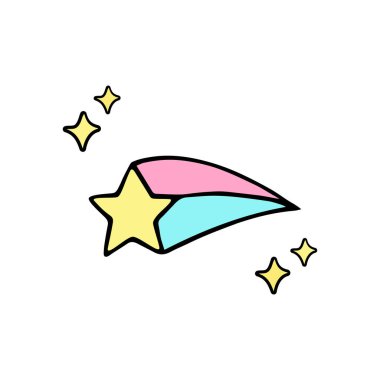Cute hand drawn comet star with sparkles, magical comet doodle vector illustration, isolated.