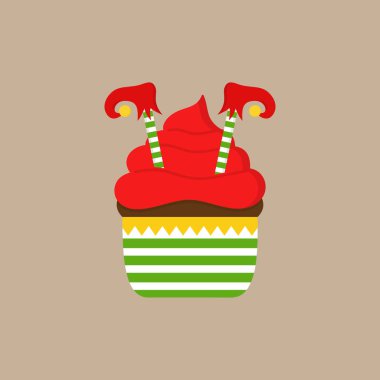 Noel, elf cupcake vektör illüstrasyon simgesi. Sevimli çikolata cupcake kırmızı krem şanti buzlanma ve çizgili bacaklar ve jingle çan ile kırmızı elf ayakkabı ile dekore edilmiştir. Bej arka planda izole.