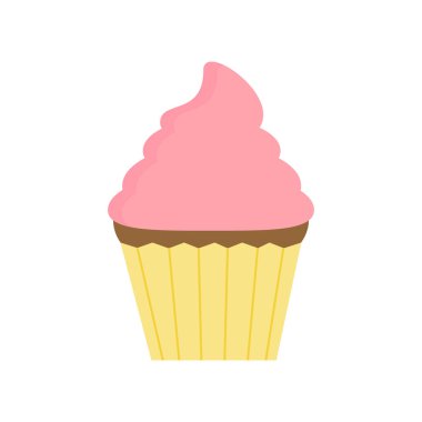 Pembe çilek krem buzlanma ile süslenmiş sevimli tatlı çikolata cupcake. Cupcake vektör grafik illüstrasyon, beyaz arka planda izole.