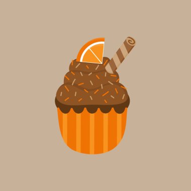 Noel, sonbahar çikolata turuncu cupcake vektör illüstrasyon simgesi. Kahverengi krem şanti frosting, serpin ve rulo ile süslenmiş sevimli baharatlı cupcake. Bej arka planda izole.