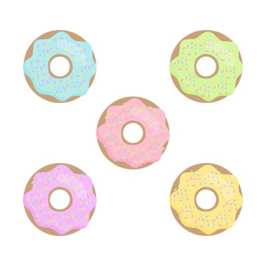 Renkli, pastel sevimli vektör donut illüstrasyon. Beş buzlu ve serpilir donut seti.