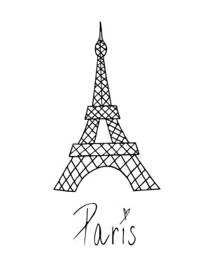 Paris 'te Eyfel Kulesi, Fransa. Vektör Illustration Doodle La Tour Eiffel çizim. El ile beyaz arka plan üzerinde izole Paris yazma.
