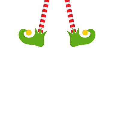 Noel elf vektör illüstrasyon simgesi. Sevimli kırmızı ve beyaz çizgili bacaklar ve jingle çan ile yeşil elf ayakkabı. Izole.