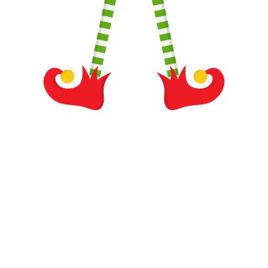 Christmas elf vector illustration icon. Cute green and white striped legs and red elf shoes with jingle bell. Isolated. clipart