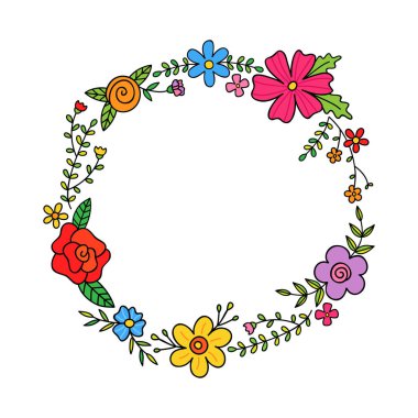 Bahar çiçek renkli çelenk, tebrik kartı, davetiye, baskı, Web, afiş için vektör illüstrasyon şablonu. Çiçekler, yaprakları ve daire şeklinde dalları.