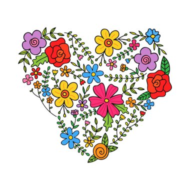 Çiçek renkli kalp bahar veya yaz çiçekler, dalları ve yaprakları şeklinde. Floral kalp dekoratif tebrik kartı, afiş veya desen.