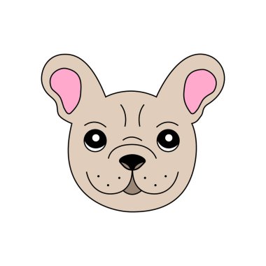 Sevimli açık kahverengi veya bej Fransız Bulldog vektör illüstrasyon. Frenchie 'nin kafası, beyaz arka planda izole yüz. Frenchie Bulldog grafik baskı.