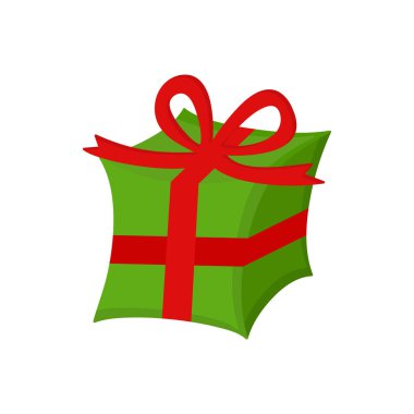 Noel hediye vektör illüstrasyon simgesi. Şenlikli, tatil hediyesi yeşil kağıt ve kırmızı kurdele sarılmış, üstüne yay, izole.